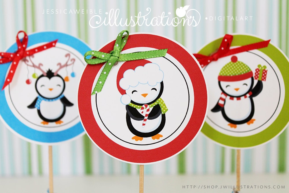 Boy Jolly Penguins- Printable Party Tags - Cupake Toppers - Printable Christmas Party Favors - Christmas Penguin Party Printables Il_570xn