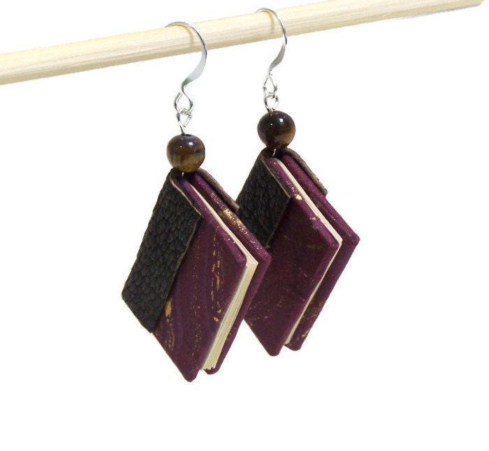 Miniature Book Earrings Burgundy Marbled Paper Chocolate Brown Leather Stone Bead Miniature Book Jewelry Mini Book Silver Wire Hook Earrings