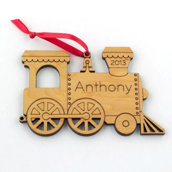 Wooden Train Ornament Baby's First Christmas by graphicspaceswood