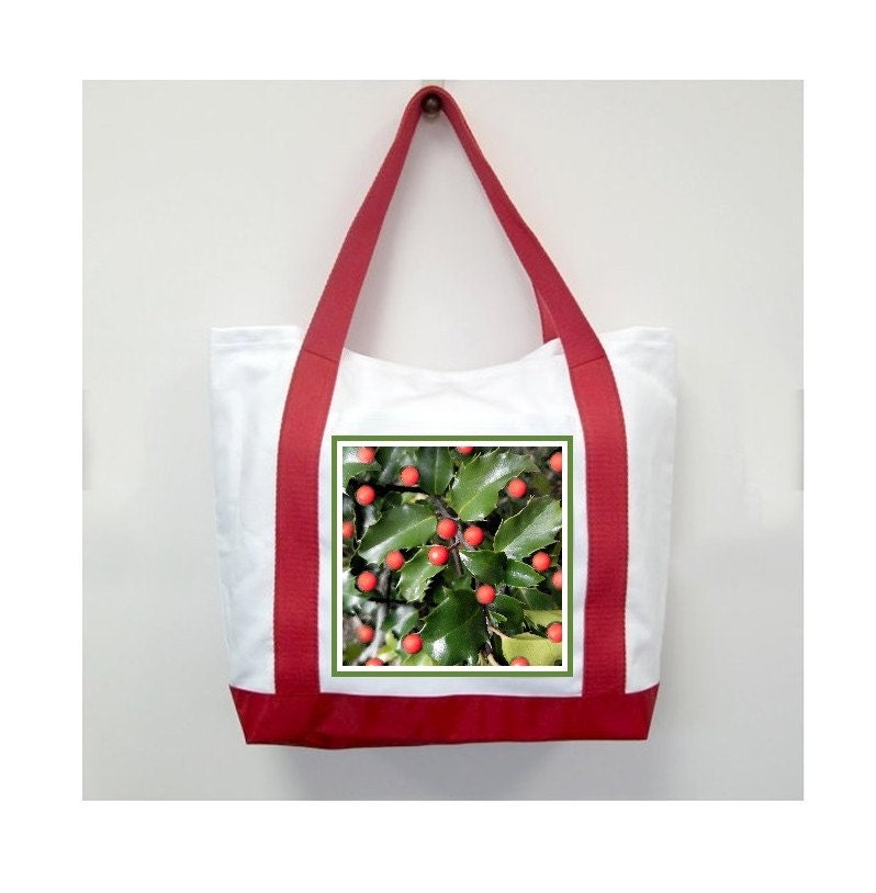 Christmas Red Handle Tote Bag, Holly Berry , New Canvas Styling, Original Photography  By Loves Paris Studio, 5 Styles,  FREE SHIPPING USA