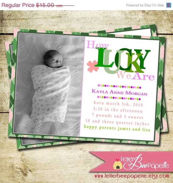 ON SALE Baby Girl Custom Photo Birth Announcment - DIY Printable Announcements - Lucky in Love - New Baby Girl - Irish - Holiday Cards - Ph Il_570xn