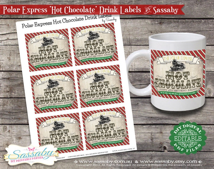 Polar Express Hot Chocolate Drink Labels Red - DIY PRINTABLE FILE - Christmas Birthday Printables Il_570xn
