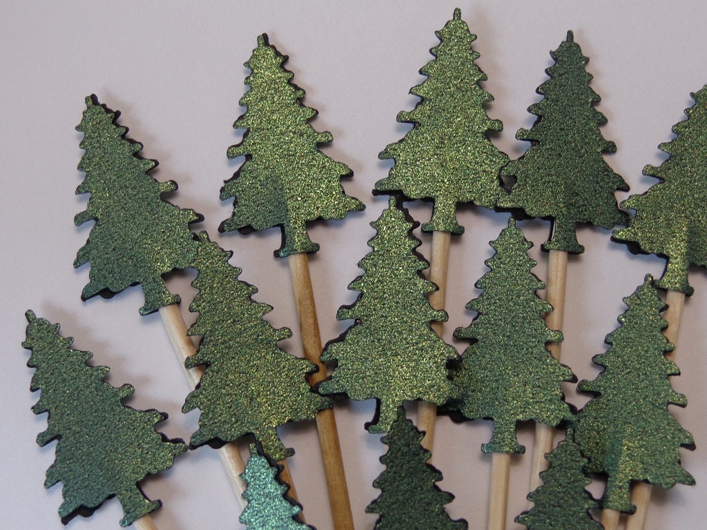 24 Green Metallic Shimmer Evergreen Tree Cupcake Toppers - Food Picks - Party Picks - Christmas Trees - SewPrettyInVermont