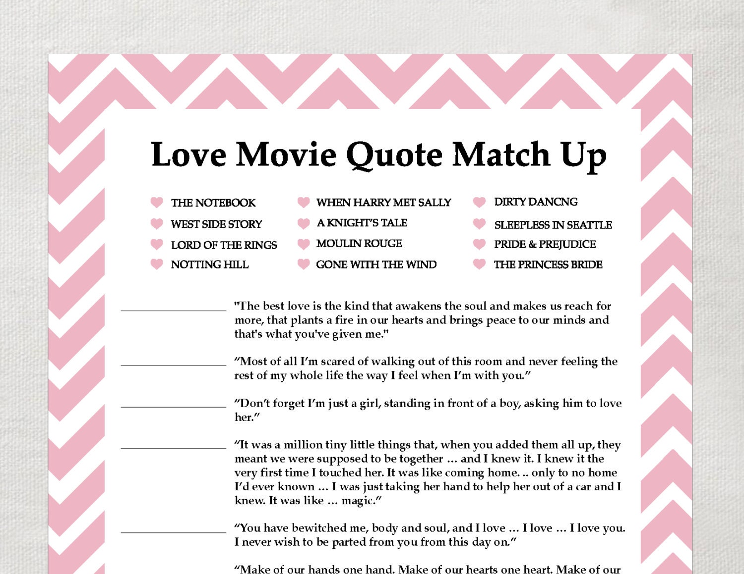 INSTANT Love Quote matchup- Instant Download - Bridal Shower Game ...