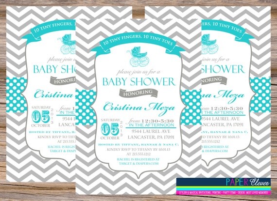 Neutral Baby shower invitation, carriage, aqua blue - digital file, printable #185 Il_570xn