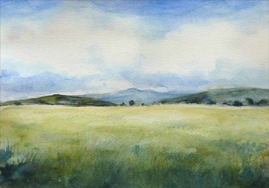 Grassy Field Watercolor Painting Landscape Small by ARTDORA