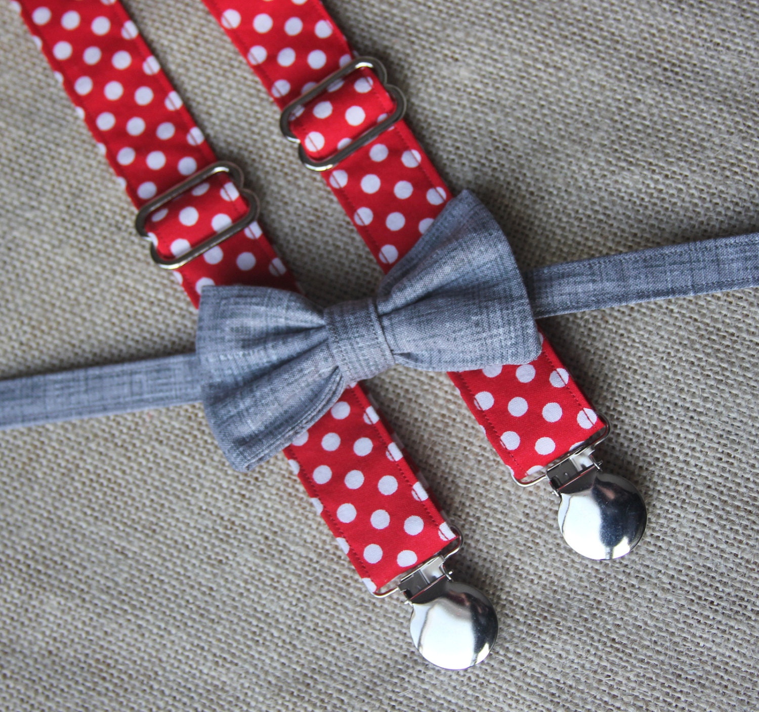 Dark Gray Texture Bow Tie and Red / White Polka Dot Suspender set ( Men, boys, baby, toddler, infant )