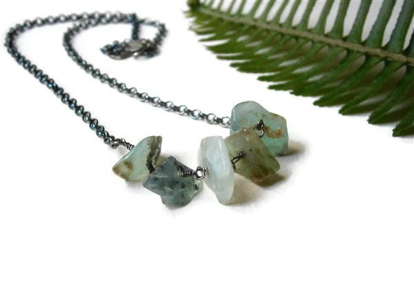 Peruvian Opal Silver Necklace, Oxidized Silver, Raw Blue Green Nuggets, Handcrafted Artisan Jewelry - PepaMoyano