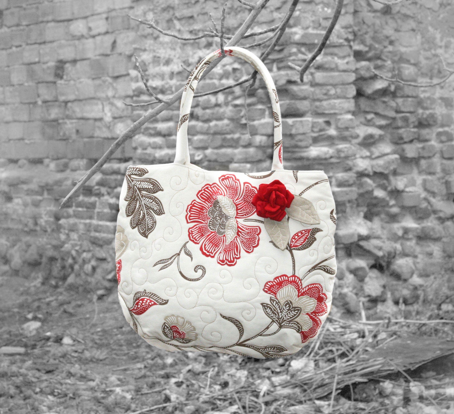 Large cotton floral shoulder bag. Quilted tote bag with fabric flower. - 5plus Large cotton floral shoulder bag. Quilted tote bag with fabric flower. - 5plus