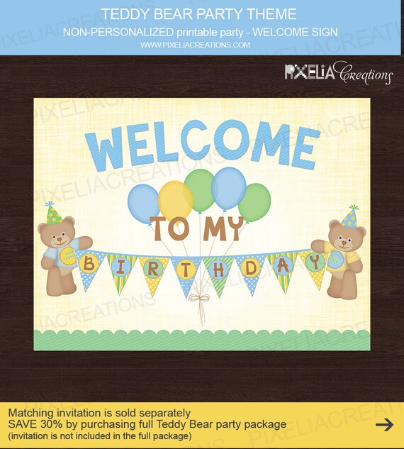 Teddy Bear Party Theme- Non-Personalized Printable party welcome sign. printable birthday party in pdf Il_570xn