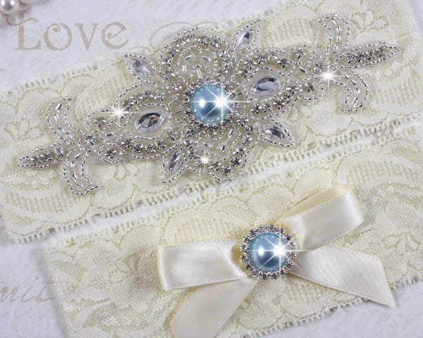 SALE - MADRID II - Light Blue Wedding Garter Set, Ivory Lace Garter, Rhinestone Crystal Bridal Garters, Something Blue - HannabellaDesigns