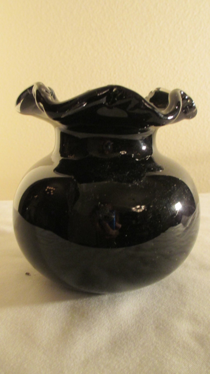 Vintage Hand Blown Black Glass Vase with a by BuxtonDesignStudio