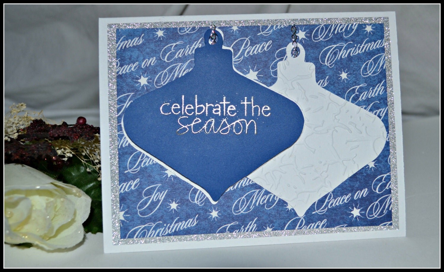 Silver and Blue ORNAMENT CHRISTMAS CARD /Set of 6 /3d Ornament/ Ink Embossed/ Folder Embossed /Sparkle Silver Layer /Celebrate the Season - MoreFriendsAndCo