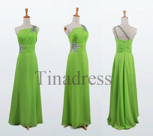 Custom Lime Green One Shoulder Beaded Long Bridesmaid Dresses 2014 Prom Dresses Evening Dresses Party Dress Evening Gowns Homecoming Dresses