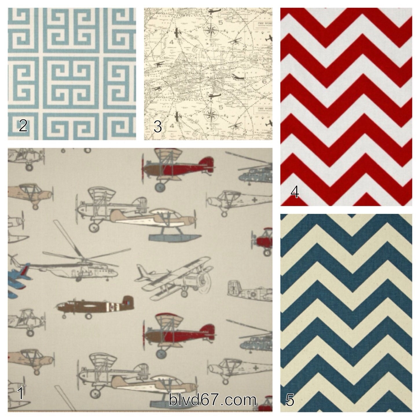 4 piece crib bedding set in vintage airplanes including colors red, denim, brown.