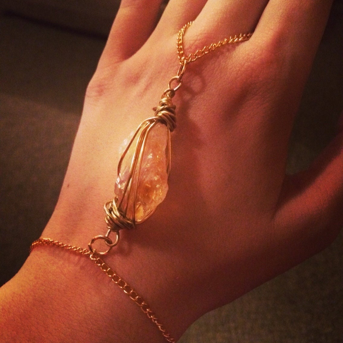 Gold wire wrapped raw citrine and gold chain hand jewelry 