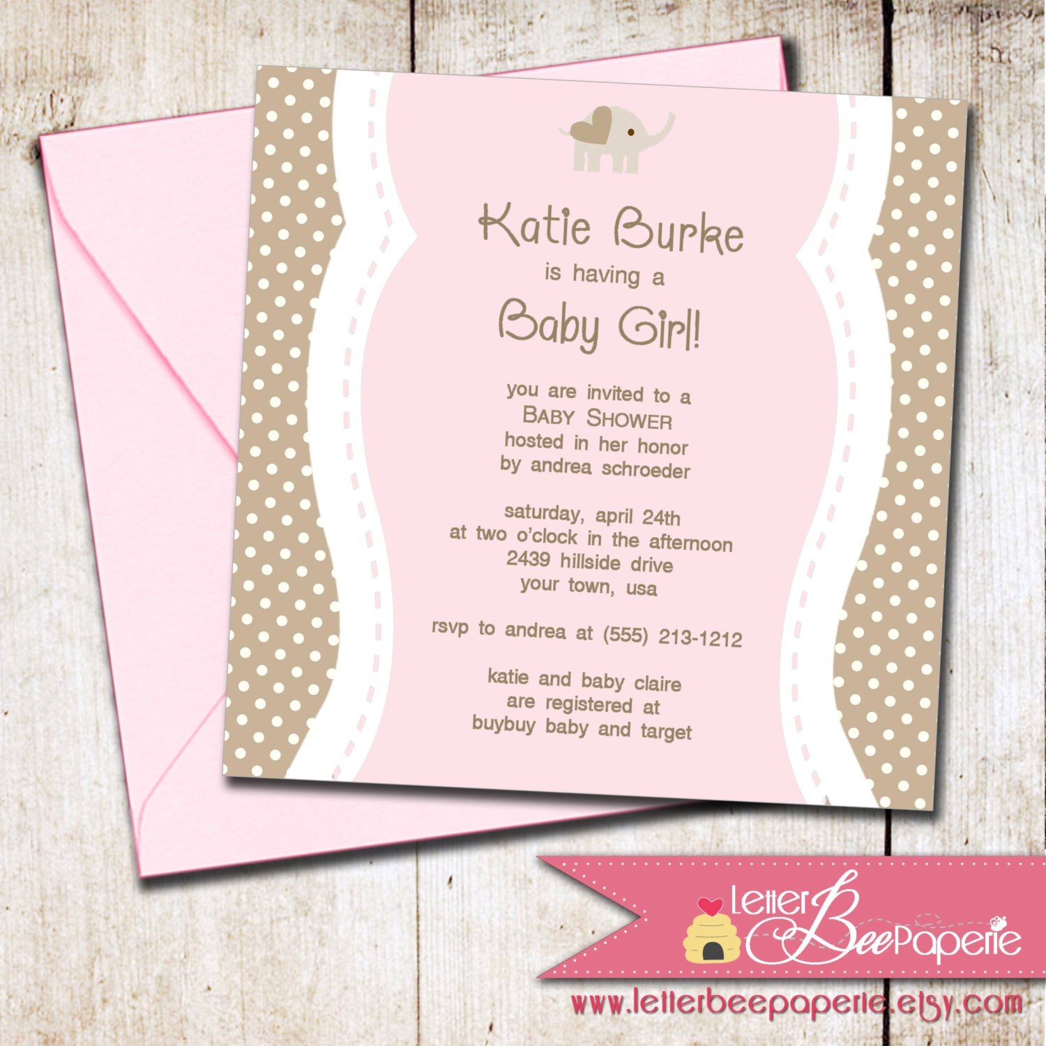Baby Elephant Girls Baby Shower Invitation - Choose Your Colors - DIY Printable Invite - Girl Showers, Baby Sprinkle - Jungle, Polka Dot Il_570xn