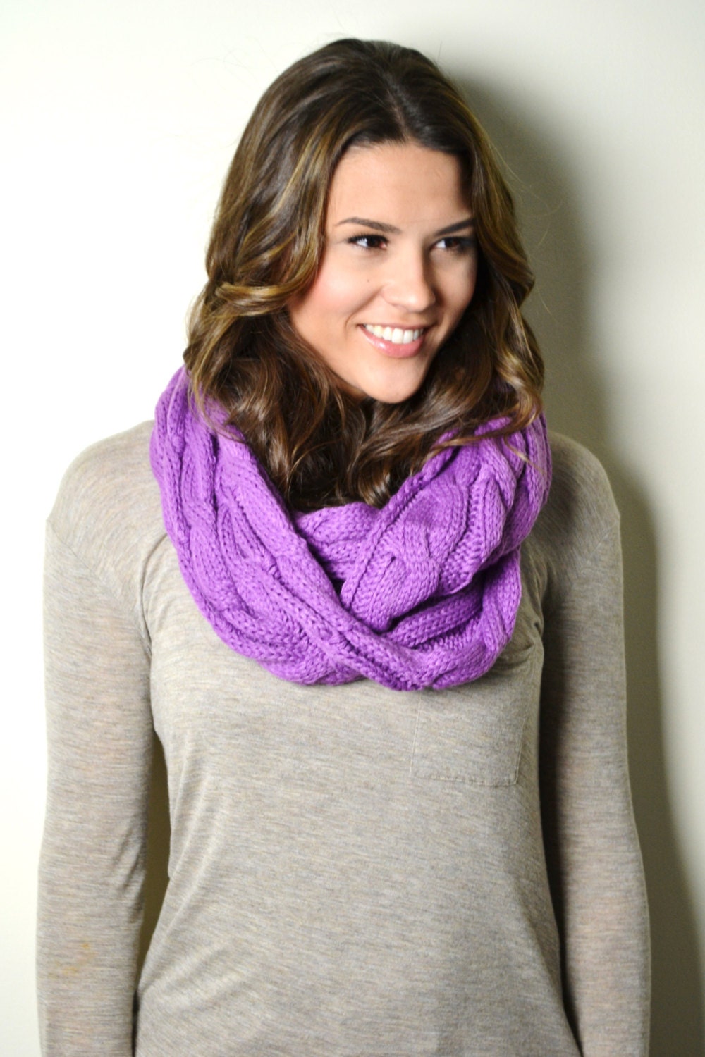 RADIANT ORCHID Chunky Knitted Infinity Loop Circle Scarf Cable Pattern Gift Idea Thick Knitted Scarf - AnytimeScarf