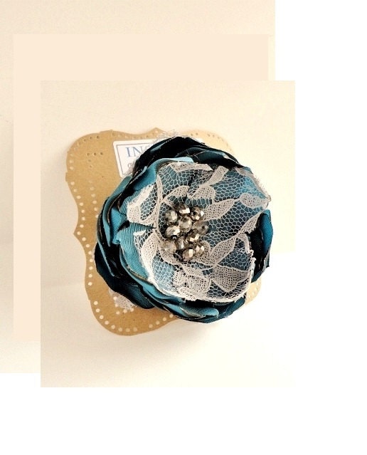Dark Teal Blue Flower Brooch with Grey Lace, Beaded Flower Pin, Broach, Women's Fashion Accessory, Shabby Chic Accessories for Her - InspiredGreetingsAD