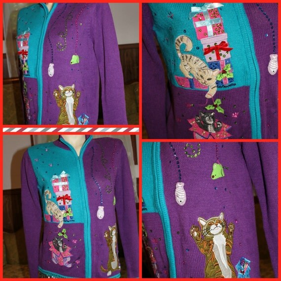 The MOST Ugly Christmas Sweater ever! Cat purple blue sequin metallic