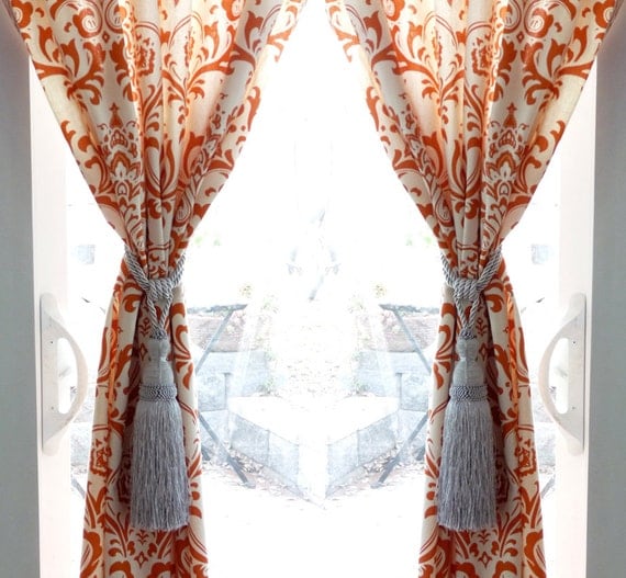 Pair of Two 51"W Cotton Damask Curtains Custom Drape Panels Premier