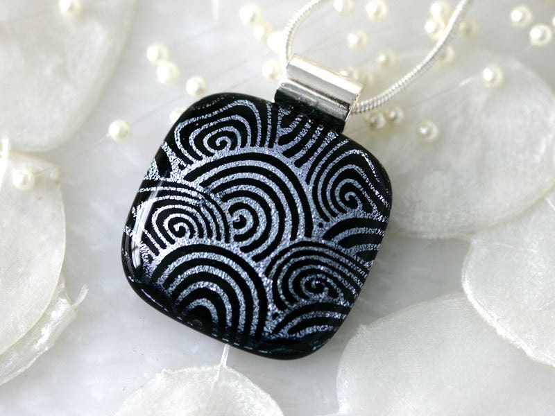 Black and Silver Swirl Dichroic Fused Glass Necklace Jewelry Pendant 01066 - GetGlassy