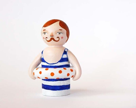 Old fashioned moustache man - Vintage bather - Peg doll