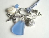 Blue Sea Glass Charm Necklace Shiva Shell Suede Cord - StoneandFiber