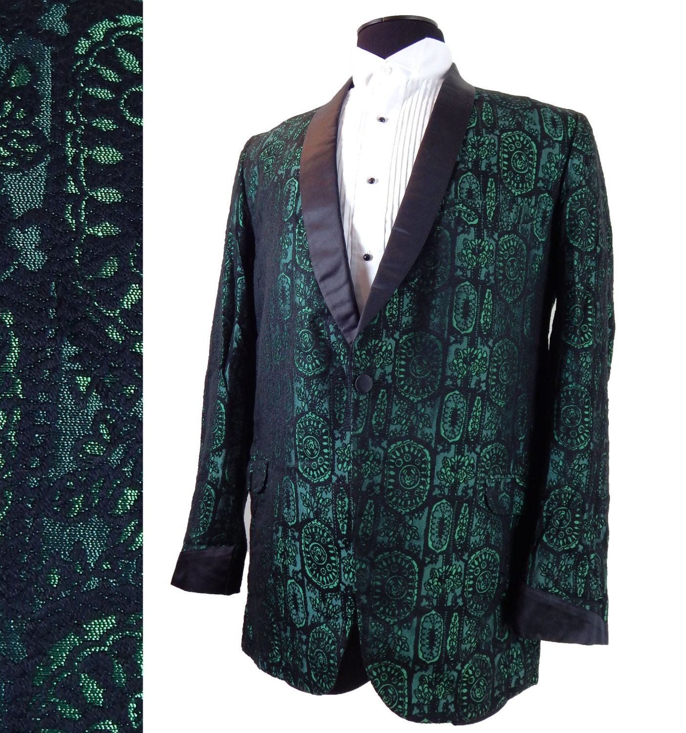 Mens Vintage Tuxedo Jacket. 1960s Skinny Lapel Iridescent Green Brocade Dinner Jacket.  43 - EndlessAlley