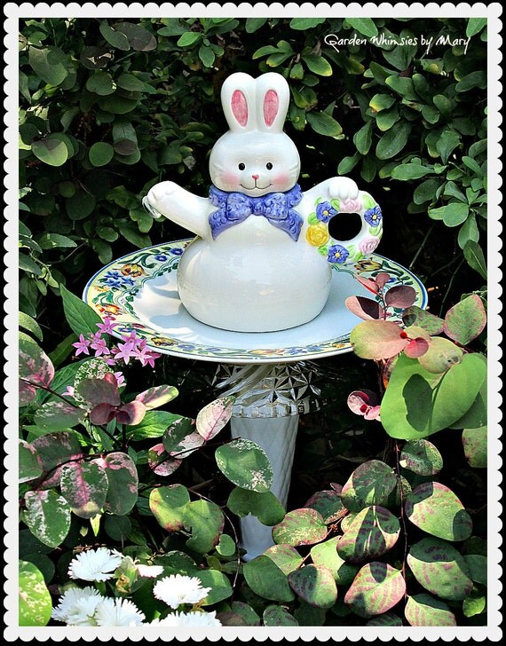 Bunny Teapot Garden Totem Stake As by GardenWhimsiesByMary