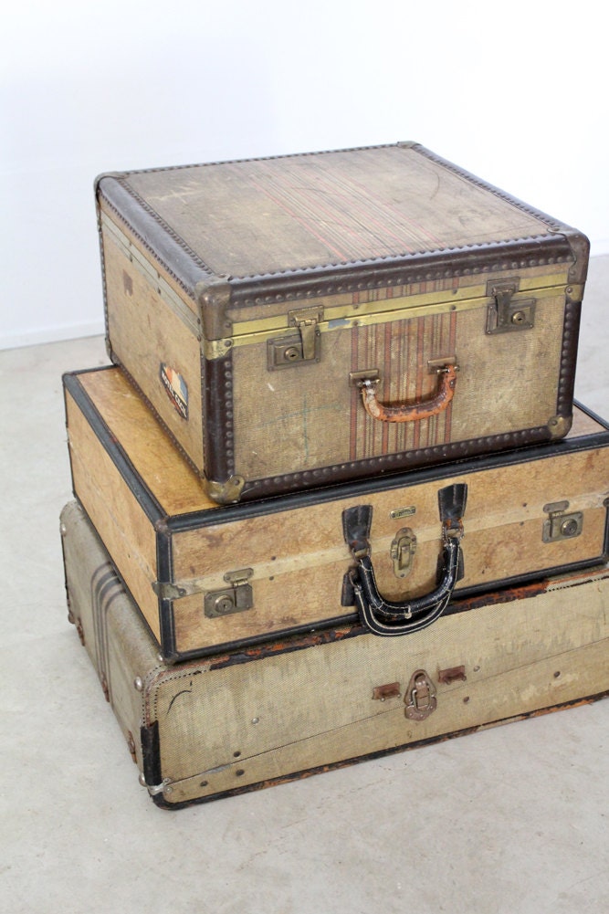 vintage 30s luggage / suitcase with travel hotel stickers / striped case - 86home