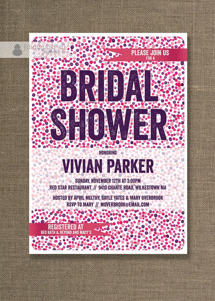 Confetti Dots Bridal Shower Invitation Modern Pink Purple Red Shabby Chic Wedding Invite Bold Printable Digital or Printed - Vivian Style