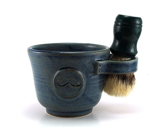 Blue Mustache Shaving Mug, Unique Handmade Pottery Holiday Gift for Men, Groomsmen Gift, by