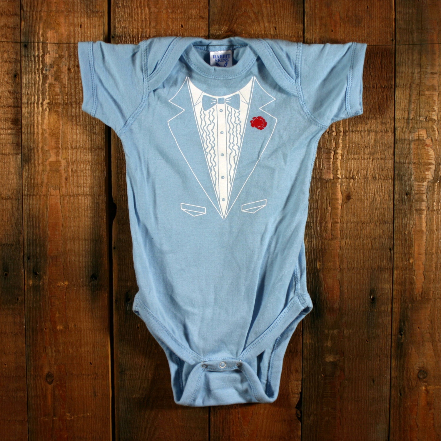 Tuxedo Baby Onesie on Light Blue by sunofabirch on Etsy
