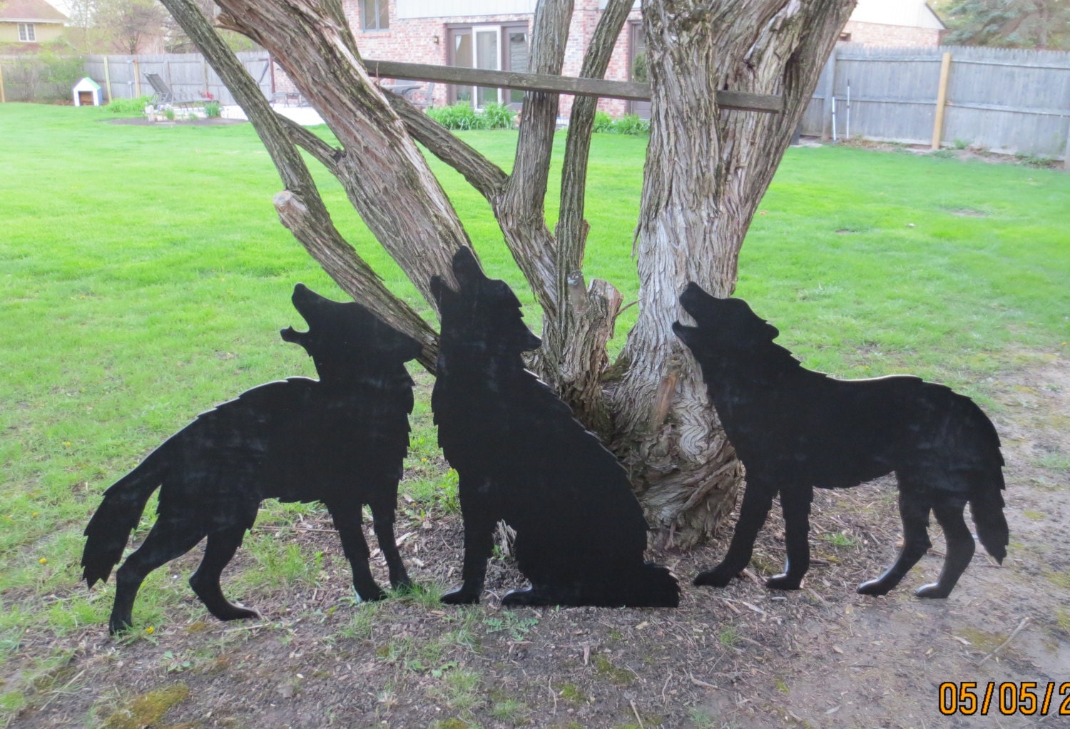 Wolf Pack Set of 3 Wolves Life Size Outdoor Wood Yard by chardoman