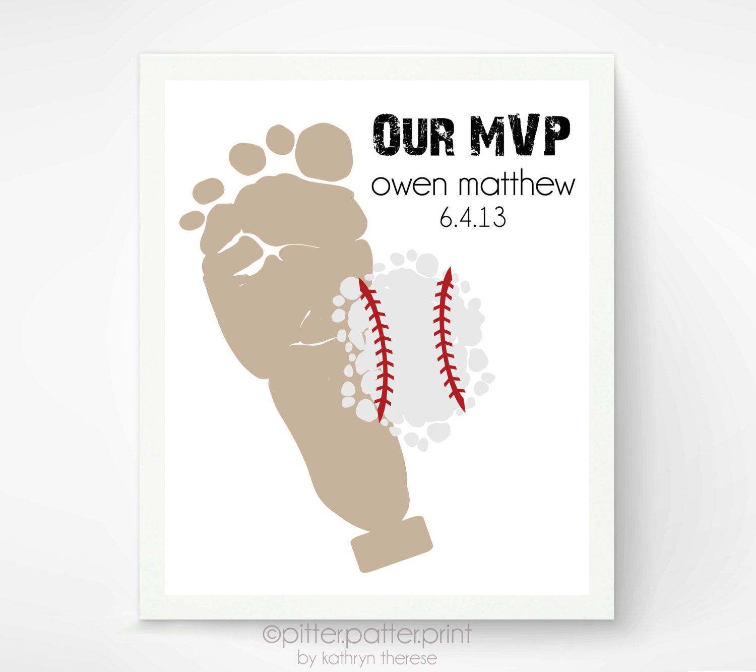 Sports Nursery Baseball Baby Footprint Art by PitterPatterPrint