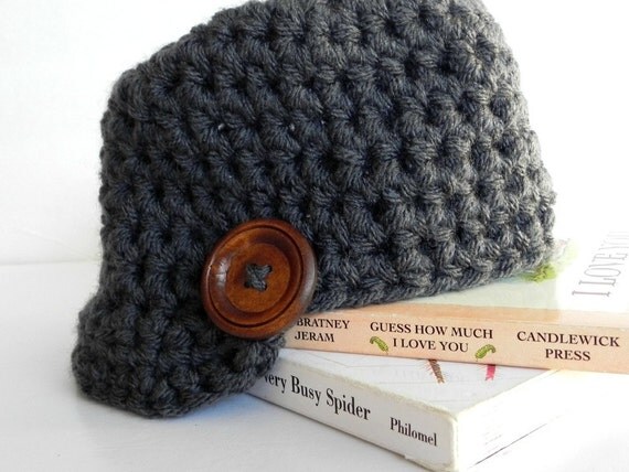 Baby Brim Hat with Wooden Button - Newborn - 36 months - Autumn Newsboy Hat