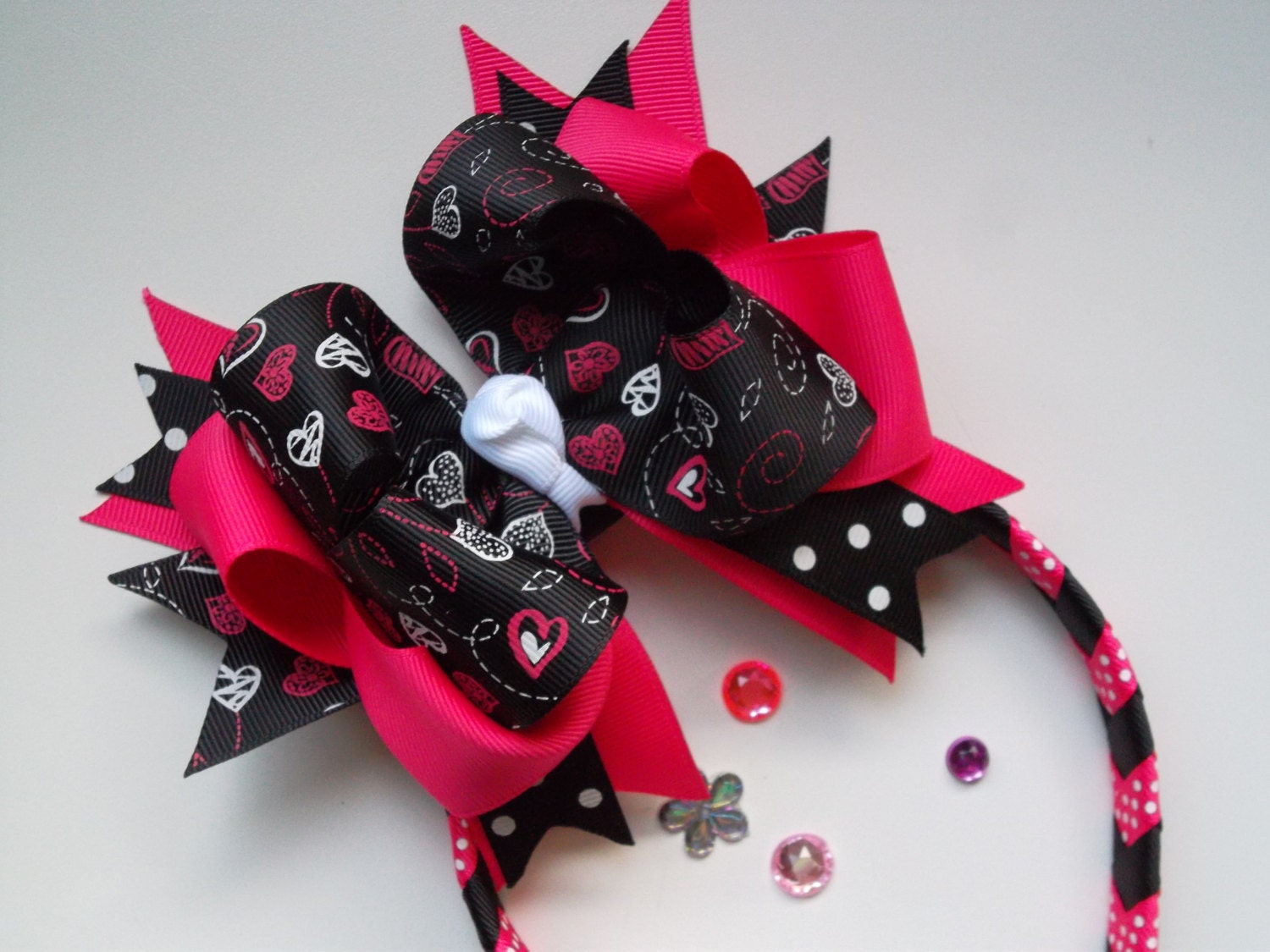 Big Black and Pink Valentines Bow and Polka Dot Head Band Bow Set - ransomletterhandmade