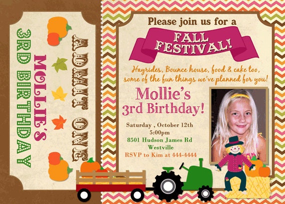 Pink Fall Festival Ticket Style Birthday Party Invitations - printable Il_570xn