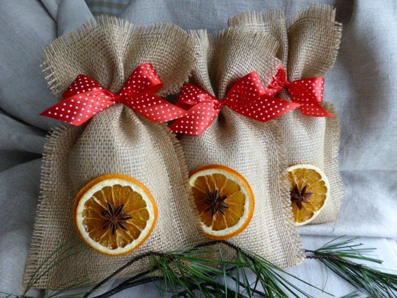 Burlap gift bags set of three, Christmas wraping, Christmas tree Shabby Chic Home Decor -