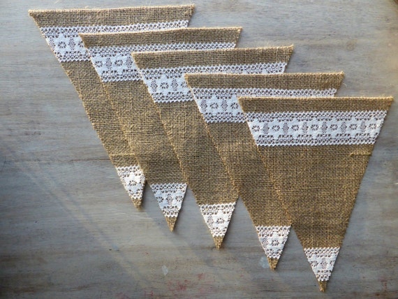 Big bunting burlap elements / pennants / triangle with cotton lace- finished