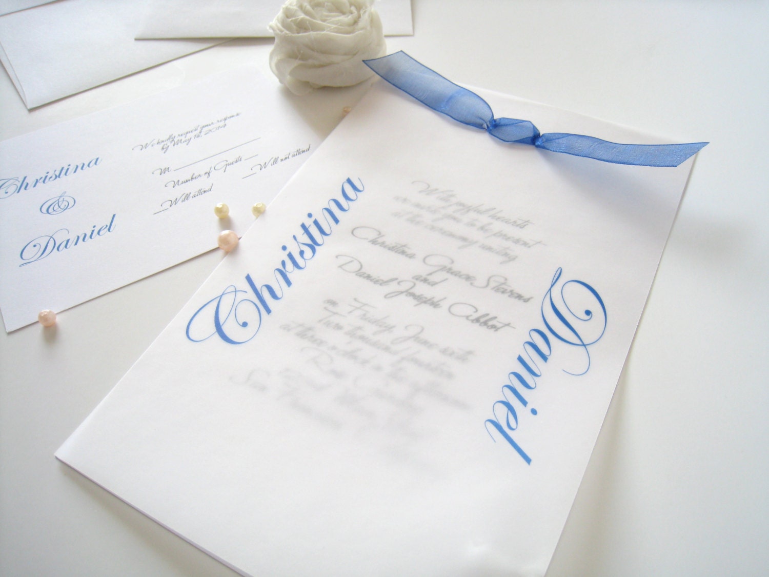 Layered wedding invitation with ribbon - simple and elegant - PaperLovePrints