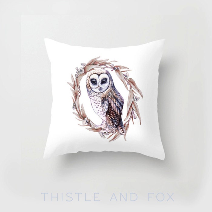 Sooty Owl on Gumleaf Wreath, Pillow Slip Cushion Cover White - ThistleandFox