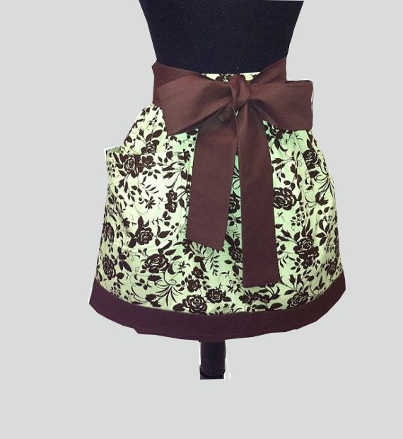 sassy half apron -retro -womens- green and brown floral -gathered waist -with pocket -daisydots - DaisyDotsDesign