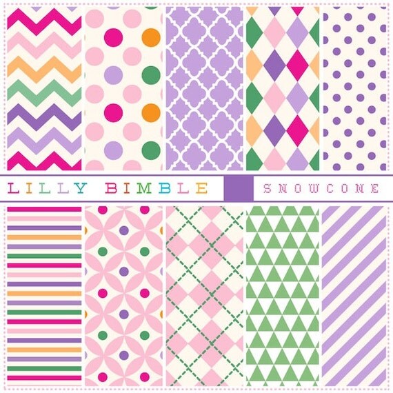SNOWCONE digital papers with chevron, stripes, quatrefoil in purples, pinks, green, orange Il_570xn
