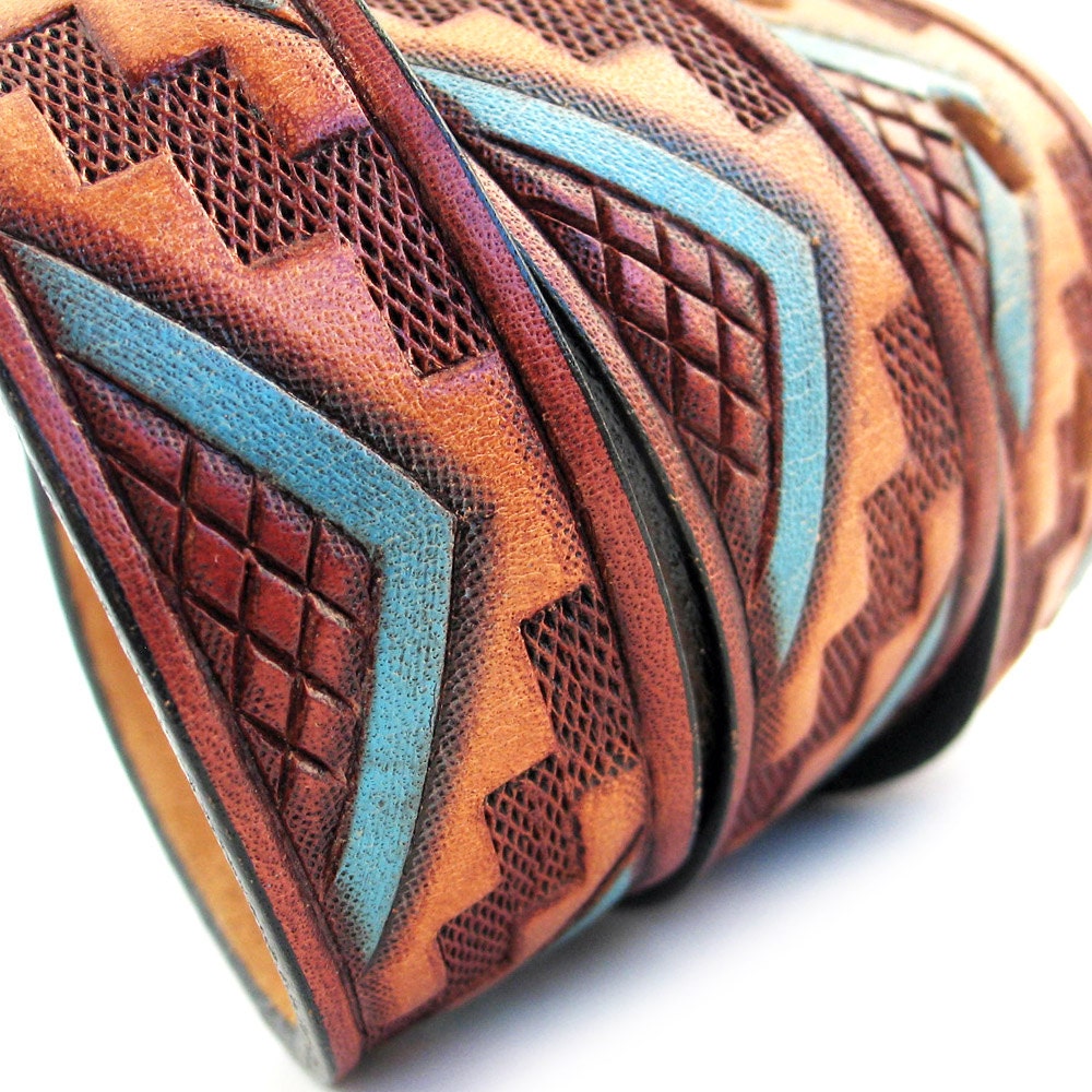 Leather Dog COLLAR with Classic Aztec Tribal Pattern Tooling, Size L ... Leather Dog COLLAR with Classic Aztec Tribal Pattern Tooling, Size L ...