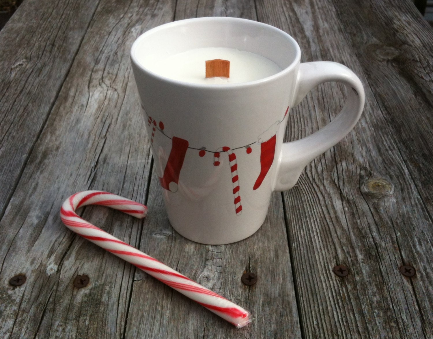 Candy Cane Mug Christmas Candle Wood Wick 100 Percent Soy - SandyLandStudio