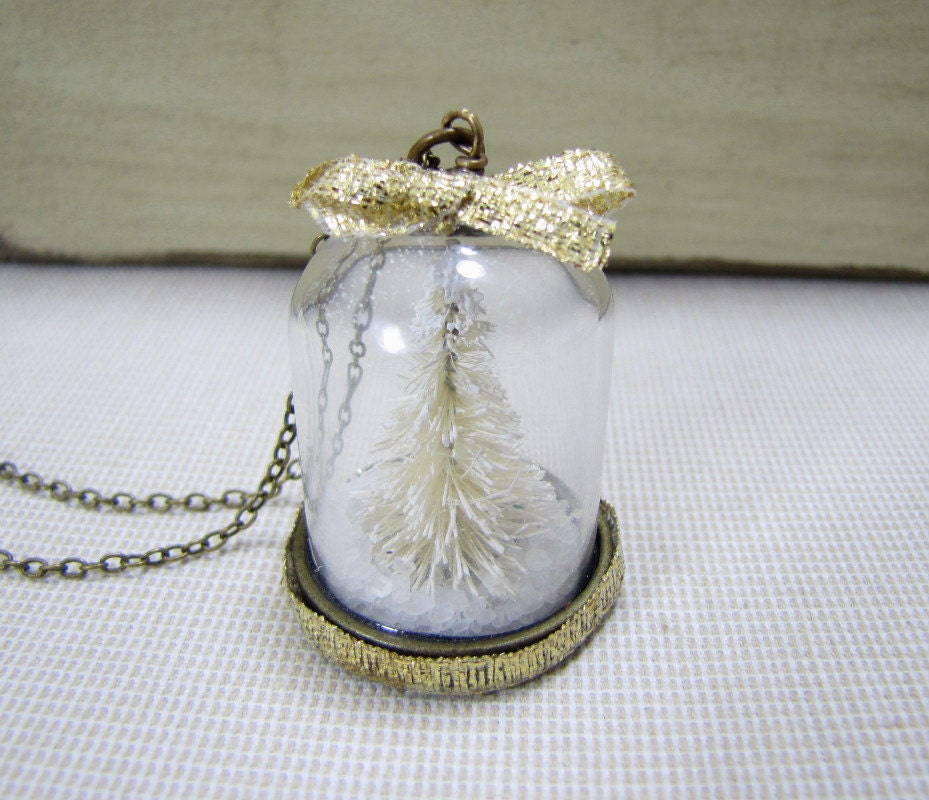 Winter Wonderland Snowy Tree Necklace Glass Dome Pendant Terrarium Jewelry Forest Scene - CuteAbility