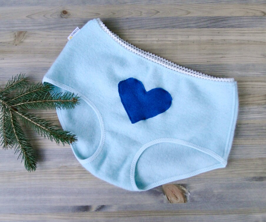 Cashmere panties light blue with blue heart - cashmere underwear lingerie hi rise boyshorts - made to measure - econica