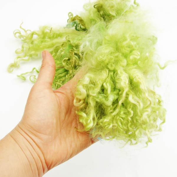 Hand dyed Teeswater wool locks lime fall green  50 gr for Doll Hair - Blythe Doll Hair ,  Art Dolls,  , spinning and felt